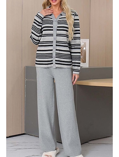  Femme Pull Chandail Décontractées Rayé Col polo Tricoté manche longue Hauts longs Tricoter Intérieur Travail Noir Vert Automne Hiver