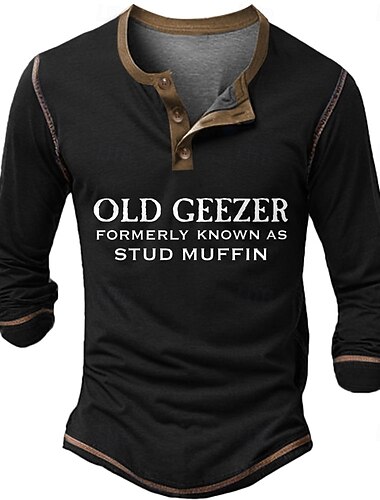  Муж. Новогодняя тематика Буквы old geezer formerly known as stud muffin Рубашка Хенли Длинный рукав 3D печать Повседневные Простой Веселая Для вечеринок Повседневные Зима Весна & осень Черный Синий