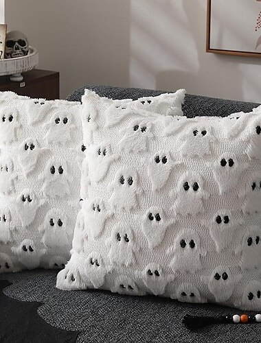  ハロウィン用枕カバー、ホワイトゴーストハロウィン装飾、クッションカバー、柔らかいプラッシュフェイクファーゴースト装飾、ソファ用クッションケース、寝室、リビングルーム、ハロウィンホームデコレーション