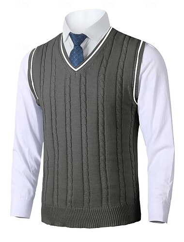  Men's Sweater Vest Pullover Sweater Jumper Dress Sweater Knit Sweater Ribbed Cable Knit Regular Knitted Plain V Neck Keep Warm Modern Contemporary Daily Wear Going out Clothing Apparel Fall Winter