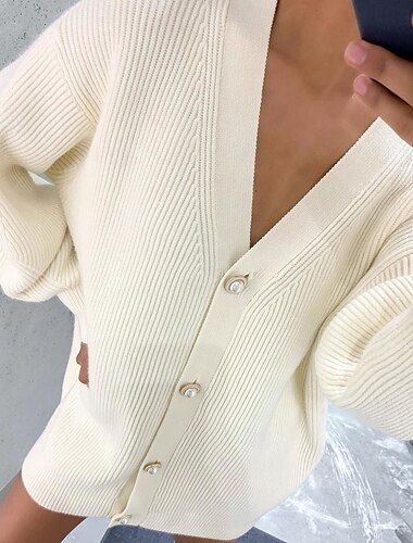  Dames Vest Modieus Streetwear Dagelijks Effen Kleur V-hals Gebreid Lange mouw Lange tops breien Werk Wit Blozend Roze Herfst Winter