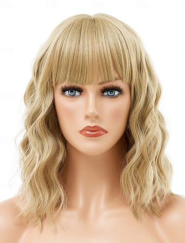  blond parykk kort bob blond parykk med smell bølgete krøllete bob parykker for hvite kvinner varmebestandig syntetisk farget cosplay parykk