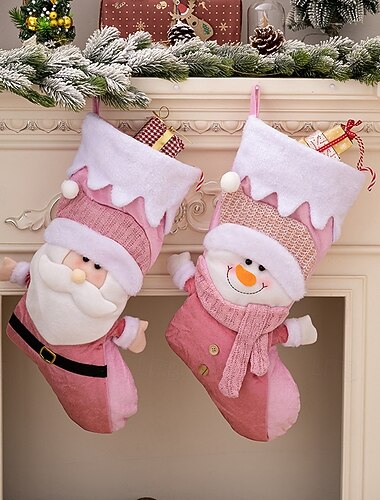  bas de Noël roses pour décoration nordique, sacs-cadeaux de Noël festifs avec Père Noël et bonhomme de neige, décorations de bas roses de vacances et porte-cadeaux