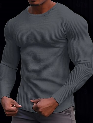  Herren Waffelhemd T Shirt T-Shirt Langarmshirt Langarm Rundhalsausschnitt Frühling & Herbst Einfach Mode Designer Basic Gestrickt Urlaub Straße Ausgehen Dunkelbraun Dunkelgrau Schwarz Top T-Shirt für
