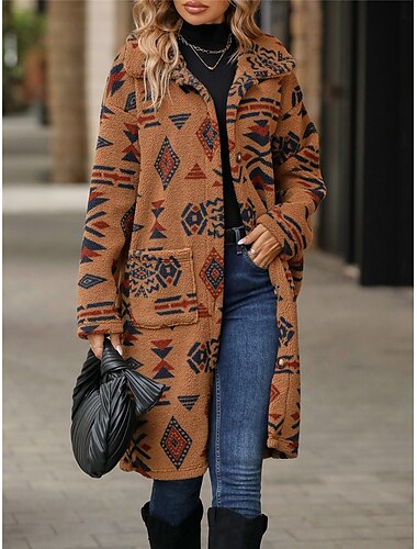  Damen Fleecejacke Teddy-Mantel warm halten Atmungsaktiv Knopf Tasche Innenfutter aus Fleece Vintage Brautkleider schlicht Geometrisch Urlaub Strasse Freizeitskleidung Ausgehen Einreihiger Verschluss