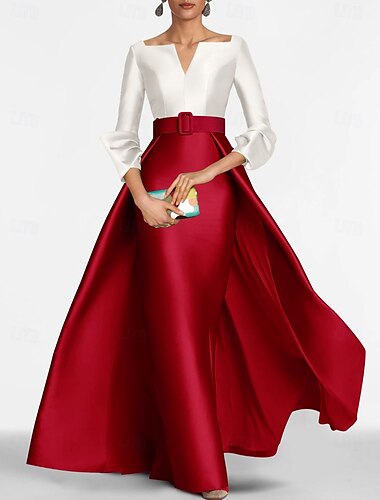  Vestido de noche elegante de color rojo con corte tubo, largo formal, manga 3/4, escote en V, cinturón/faja de satén con abertura 2025
