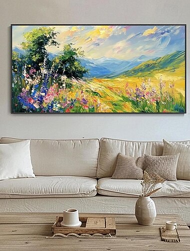  grande dipinto a mano olio su tela colorato fiore tramonto bagliore paesaggio arte murale montagna soggiorno arte murale arredamento casa senza cornice