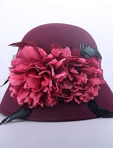  hoed 100% Wol Fedorahoed Bruiloft Damesdag Elegant Brits Met Veer Kanten kant Helm Hoofddeksels