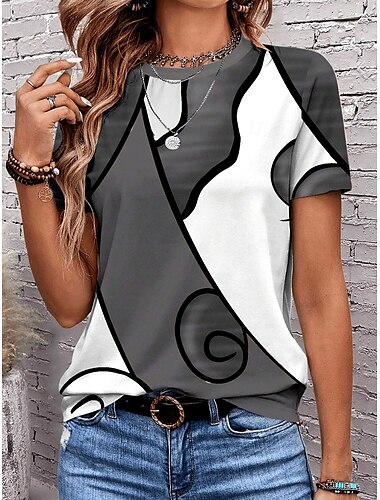  Damen T-Shirt Casual Print Kurzarm Normal Oberteile Alltag Rot Khaki Grau Sommer