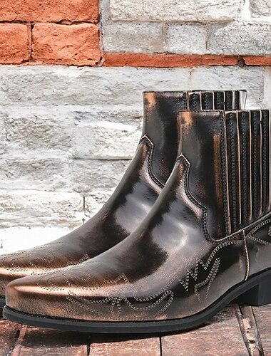  Botines vintage de piel sintética de color bronce para hombre con costuras occidentales, elegantes y duraderos para ocasiones informales y elegantes.