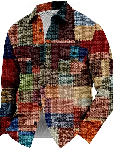  Herren Plaid Geometrische Muster Cord Hemd Hemdjacke Overshirt Langarm Vintage Brautkleider schlicht Formal Alltagskleidung Herbst Winter Umlegekragen Hemden mit Kragen Knopf 3D-Druck 2 Taschen 1pc
