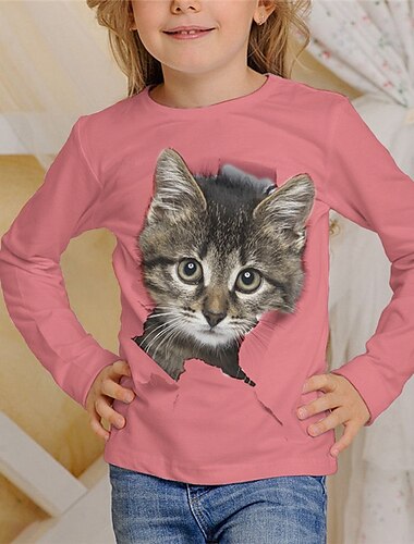  Mädchen 3D Graphic Tier Katze T-Shirt Langarm Frühling Herbst Modisch Basic kinderkleidung 4-12 Jahre Rundhalsausschnitt Outdoor Casual Täglich Regular Fit