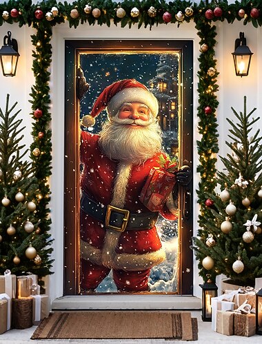  Adornos navideños para puertas, cubiertas para puertas, Papá Noel de Navidad, entrega de regalos, tapiz para puerta, cortina para puerta, decoración, telón de fondo, pancarta para puerta de entrada,