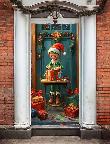  decorações de porta de natal capas de porta elfo presente de natal tapeçaria de porta cortina de porta decoração pano de fundo porta interna/externa banner para porta da frente casa de fazenda