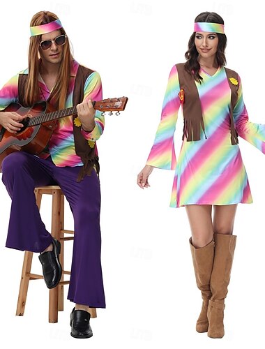  Cosplay Pariskunnat Karnevaali puku Cosplay-Asut Halloween Group Couples -asut Aikuisten Miesten Naisten 1970 luku Disko Juhla Halloween Karnevaali Naamiaiset Helppo karnevaaliasu