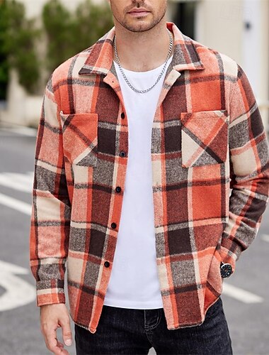  Herren Hemd Flanelljacke Flanell Hemden Overshirt Plaid Outdoor Strasse Schwarz Rote Orange Braun Langarm Winter Frühling & Herbst Bekleidung