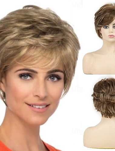  parrucche pixie ricci marroni per donne bianche capelli bianchi corti e soffici con frangia parrucca sintetica naturale resistente al calore