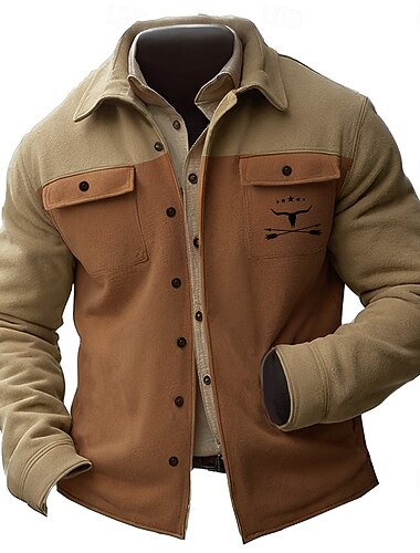  Herren Cowboy Hemdjacke Overshirt Langarm Vintage Brautkleider schlicht Freizeitskleidung Ausgehen Herbst Winter Umlegekragen Knopf 3D-Druck 2 Taschen 1pc Schwarz Blau Khaki