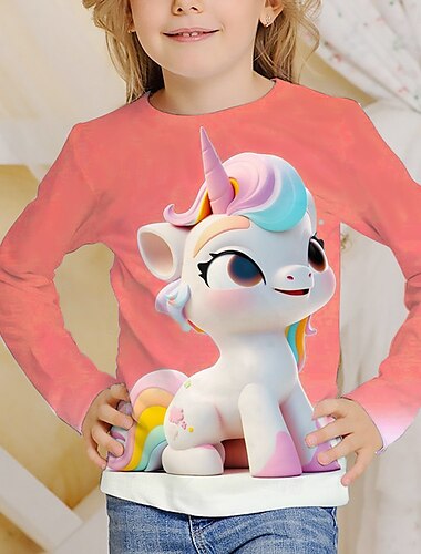  Mädchen 3D Graphic Einhorn T-Shirt Langarm Frühling Herbst Modisch Basic kinderkleidung 4-12 Jahre Rundhalsausschnitt Outdoor Casual Täglich Regular Fit