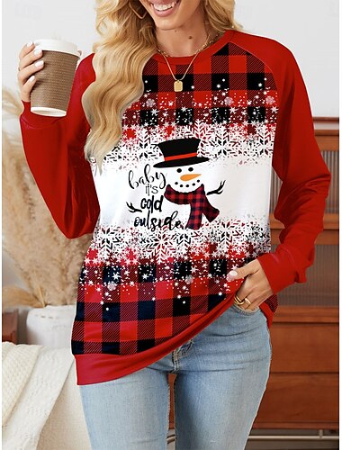  Damen Sweatshirt Pullover Polyester Plaid Rentier Schneeflocke Weihnachten Bedruckt Brautkleider schlicht Rundhalsausschnitt Langarm Mikro-elastisch Herbst Winter