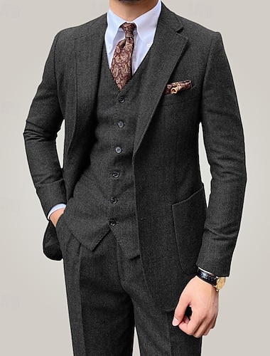  Herren Hochzeit Hochzeitsfeier Tweed -Anzüge Braun Hell Gray Retro Vintage Ausgefallene Fischgrätenmuster Weite Passform 3-teiliges Set Einreiher - 2 Knöpfe
