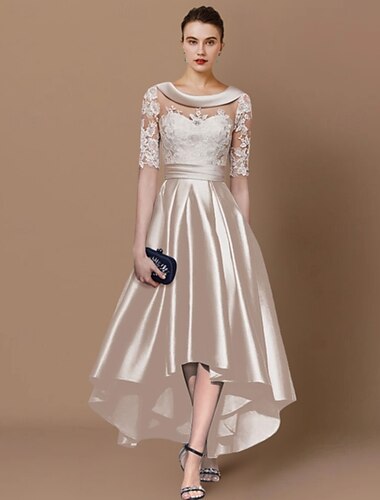 Vestido A-Line Madre de la Novia Invitada de Boda Elegante Alto Bajo Cuello Redondo Asimétrico Largo a la Rodilla Satén Encaje Manga Corta Con Apliques Vestido Derby Día de la Carrera 2025 talla