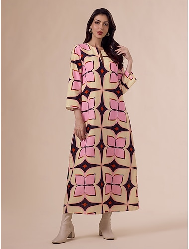  Női Bő Nyomtatott ruha Laza ruha Maxiruha Arcpír rózsaszín Háromnegyedes Mértani Nyomtatás Tavasz & Ősz Ősz rovátkolt gallér Csehország Szüret Alkalmi Napi Vakáció Otthon S M L