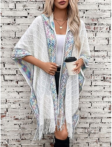  Mujer Capa Moda Diario Casual Graphic Con Capucha Borlas Sin Mangas Tops largos Tejer Formal Exterior Fin de semana Negro Blanco Otoño Invierno