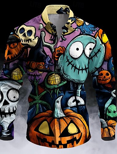  Halloween Zucca Smorfia Informale Scuro Per uomo Camicia con bottoni Manica lunga Da sera Autunno Inverno Primavera estate Colletto Abbottonare Stampa 3D Sottile Multi Color Poliestere