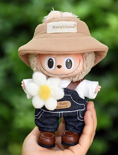  Dukke Tøj Suit 7in/17cm ForLabubu Plush Dukke Tøj Hat Top Bukser Tilbehør 5-Pieces Sæt Dukke Udklædning Hat Denim Bukser Rød Skjorte (uden dukke)