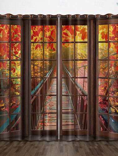  Perforierte Verdunkelungsvorhänge für Fenster, Wald, schöne Landschaft, Isolierung, Außenbalkon, Ruhe, Wohnzimmer, Heimdekoration, 2-teiliges Set, 3D-Digitaldruck