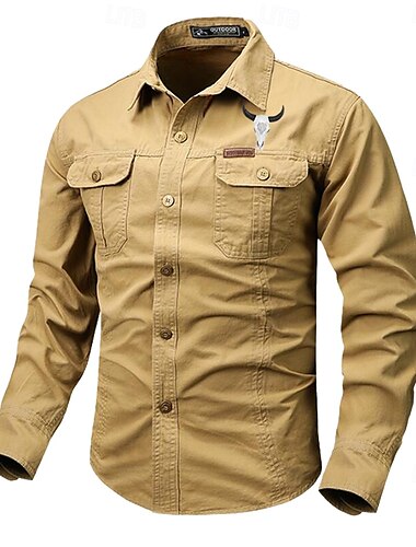  Herren Kuh Hemd Westernhemd Cargo-Shirt Langarm Brautkleider schlicht Taktisch Sport & Natur Ausgehen Winter Frühling & Herbst Umlegekragen Bedruckt Schwarzgrau Schwarz Weiß Armeegrün Rote