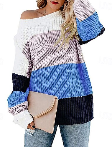  Mujer Pulóveres Moda Diario Bloque de color Cuello Barco De Punto Manga Larga Tops regulares Tejer Trabajo Azul Piscina Otoño Invierno