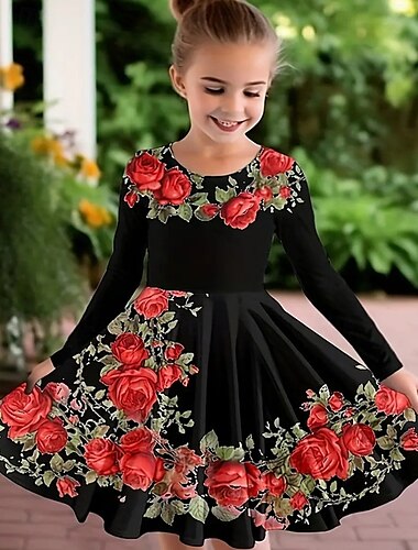  Ostern Mädchen' 3D Rose Graphic Kleid Langarm Sommer Frühling Urlaub Täglich Festtage Prinzessin Schön Süß kinderkleidung 4-12 Jahre Casual kleid A Linie Kleid Knielang Regular Fit