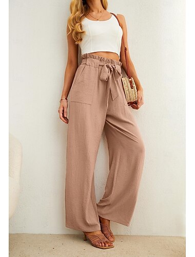  Mujer Ropa Fresco Chinos Moda Ropa de calle Longitud total Alta cintura Plano Bolsillo Cintura elástica Confortable Suave Cómodo Elástico Exterior Calle Azul marinero Negro Blanco Rosa Primavera