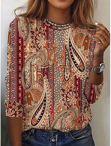  Dames Tuniek T-Shirt Mode Casual Print Lange Mouw Regular Tops Crew Neck Dagelijks Oranje Lente Herfst