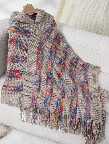  Damen Kappe Brautkleider schlicht Gestreift V Ausschnitt Mit Kapuze Quaste Ärmellos Lange Oberteile Stricken Formal Outdoor Ausgehen Rot Braun Weiß Herbst Winter