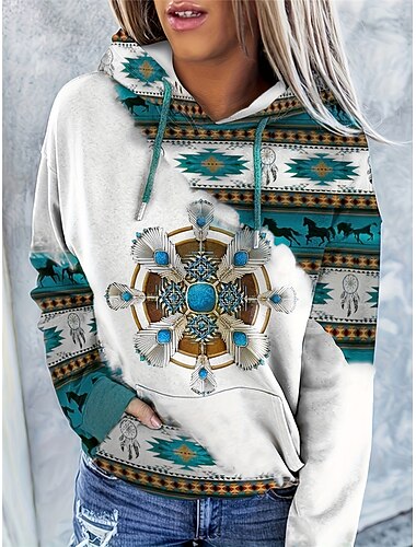  Damen Hoodie Sweatshirt Kapuze Polyester Geometrisch Stammes Strasse Alltagskleidung Tasche Bedruckt Vintage Brautkleider schlicht Kapuzenpullover Langarm Mikro-elastisch Herbst Winter
