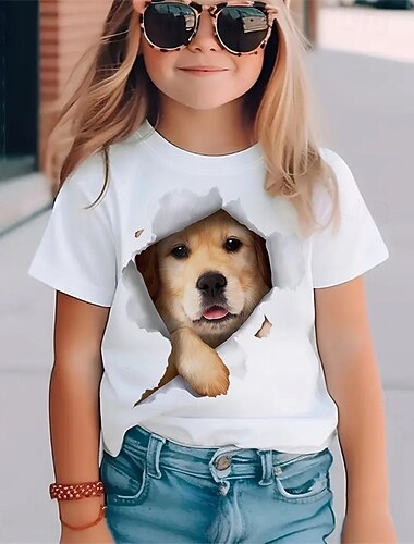  100% Algodón Niños Chica Blanco Graphic Animal Perro Camiseta Cuello Barco Manga Corta Exterior Diario Vacaciones Clásico Casual Estampado Verano
