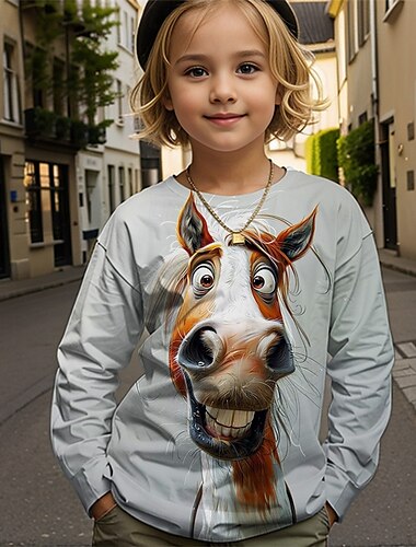 Mädchen 3D Graphic Tier Pferd T-Shirt Langarm Frühling Herbst Modisch Basic kinderkleidung 4-12 Jahre Rundhalsausschnitt Outdoor Casual Täglich Regular Fit