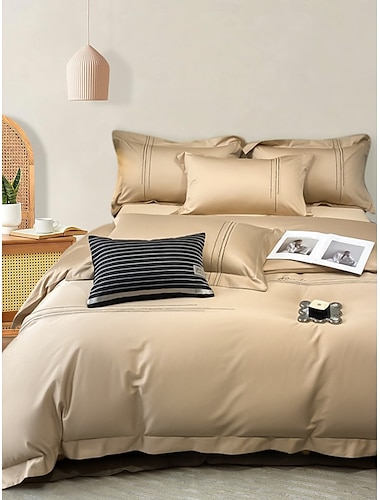  Juego de cama con funda nórdica de 4 piezas, tejido 100% algodón orgánico suave y transpirable, incluye funda nórdica y fundas de almohada para un sueño confortable.
