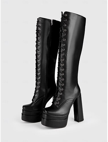  Zwarte platform veterlaarzen voor dames, kniehoog – gotische punkstijl met dikke hak, ideaal voor Halloween en cosplay
