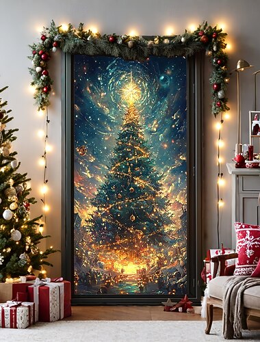  Christmas Door Decorations Door Covers Xmas Tree Gifts Door Tapestry Door Curtain Decoration Backdrop Door Banner for Front Door Farmhouse Holiday Party Decor Supplies Indoor/Outdoor