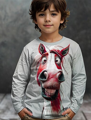  Jungen 3D Graphic Tier Pferd T-Shirt Langarm Frühling Herbst Modisch Basic kinderkleidung 4-12 Jahre Rundhalsausschnitt Outdoor Casual Täglich Regular Fit