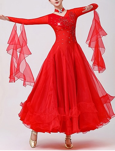  Baile de Salón Vestido Bordados Corte Cristales / diamantes de imitación Mujer Rendimiento Fiesta Manga Larga Malla Licra Organdí