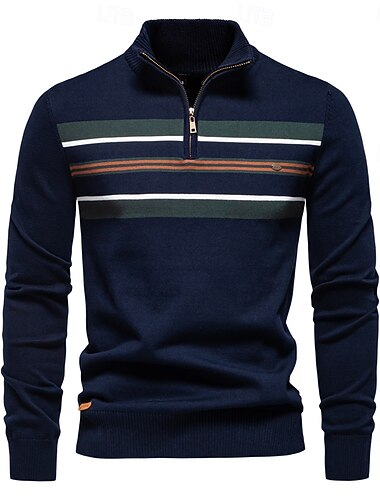  Pull en coton à col montant pour homme, pull en tricot, décontracté, à rayures, à col roulé côtelé, pour homme