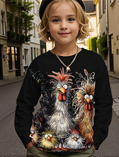  女の子 3D グラフィック 動物 チック Tシャツ Ｔシャツ 長袖 春 秋 ファッション ベーシック 子供 4〜12年 クルーネック アウトドア カジュアル 日常 レギュラー