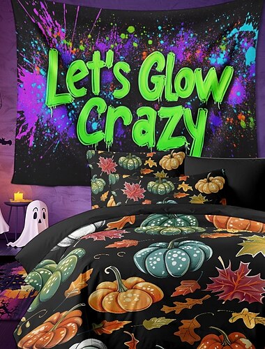  Halloween-Bettbezug-Set mit farbenfrohem Kürbismotiv – lebendiges und festliches Kürbis-Design – inklusive Bettbezug und Kissenbezügen – weicher und bequemer Stoff