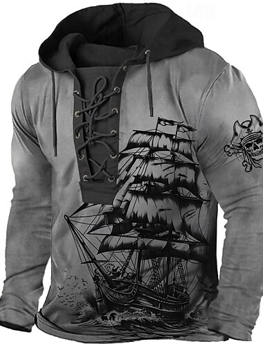  Homens Pirata Moletom Moletons Moletom Manga Longa Moletom com capuz Com Capuz Moda Impressão 3D Esportes Azul Marron Com Cordão Outono Inverno Designer