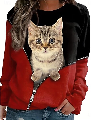  Damen Sweatshirt Pullover Polyester Katze Strasse Alltagskleidung Bedruckt Brautkleider schlicht Rundhalsausschnitt Langarm Mikro-elastisch Herbst Winter